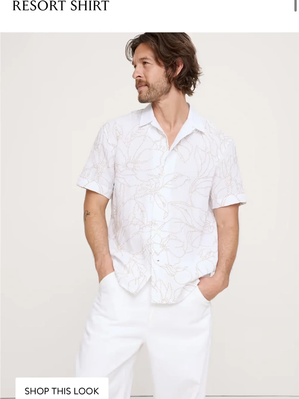 Banana Republic Linen White Short-Sleeve Button-Down with Brown Floral Stitching